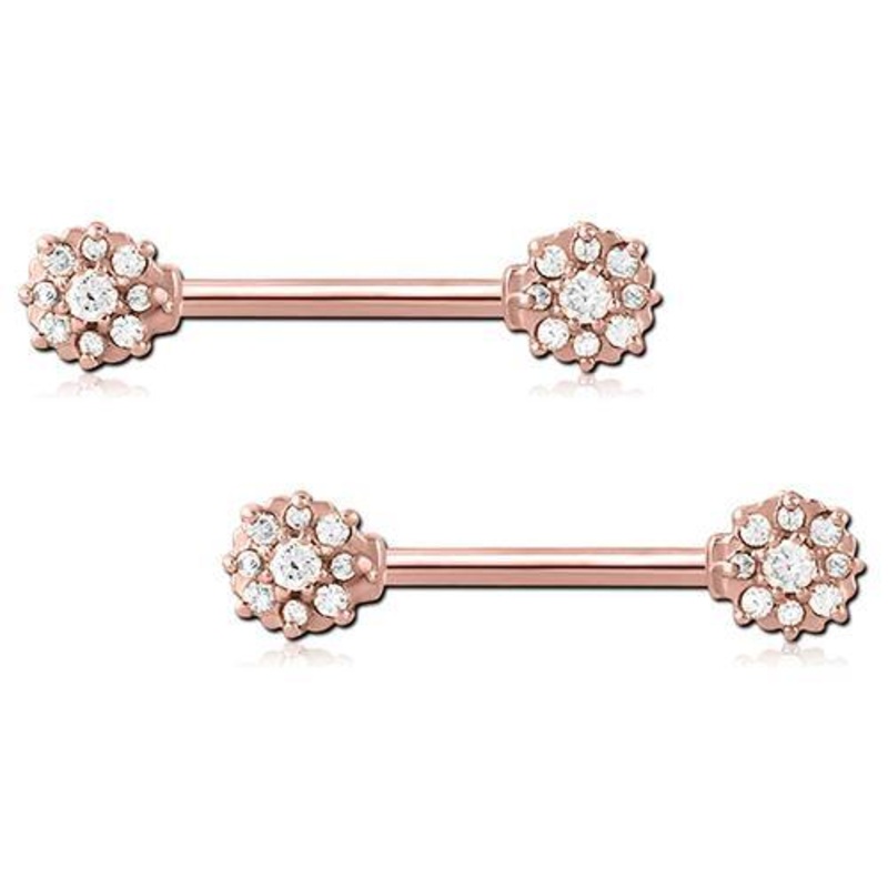 Flower CZ Rose Gold Nipple Barbells 14g – 9/16″ long (14mm) Clear Rose Gold Stainless