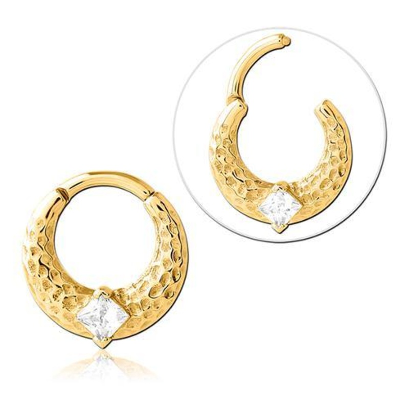 Hammered CZ Gold Hinged Ring 16g – 5/16″ diameter (8mm) Gold Stainless