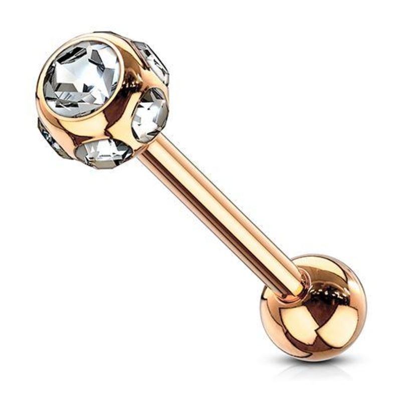 Multi-CZ Rose Gold Tongue Barbell 14g – 5/8″ long (16mm) Clear Rose Gold Stainless