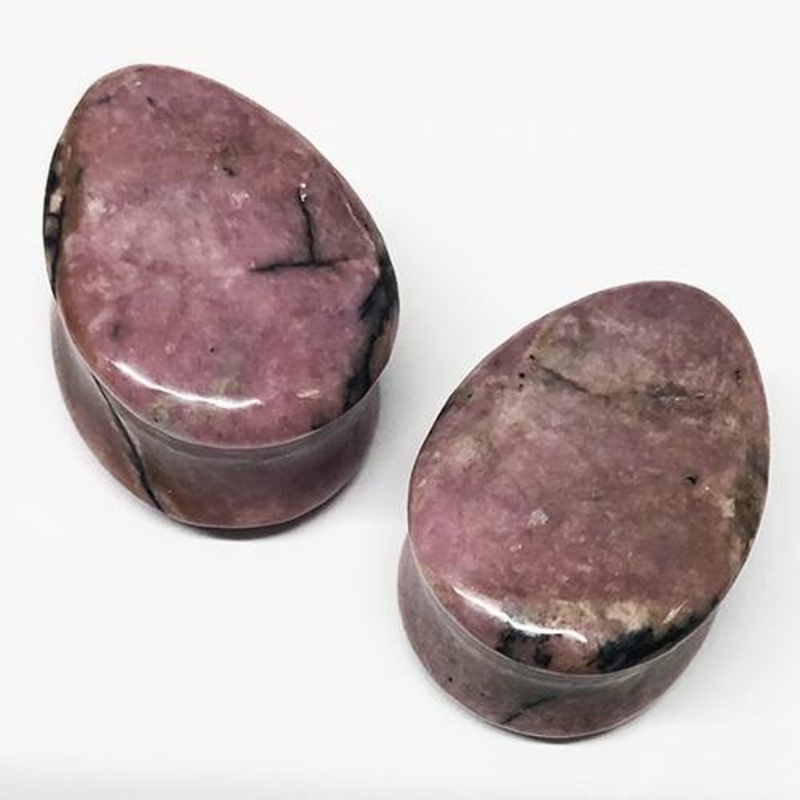 Rhodonite Teardrop Plugs 2 gauge (6mm) Rhodonite Pair