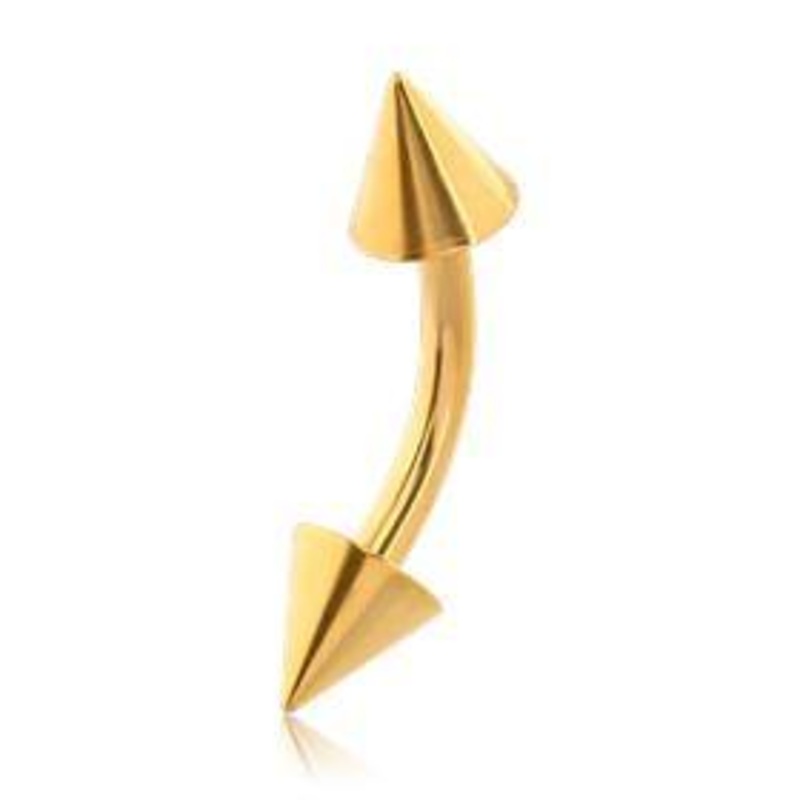14g Spiked Gold Curved Barbell 14g – 5/16″ long – 4x4mm cones Gold Stainless