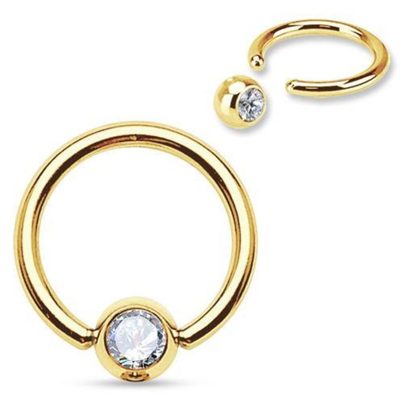 18g Gold Captive CZ Bead Ring 18g – 1/4″ diameter (6mm) – 3mm bead Clear Gold Stainless