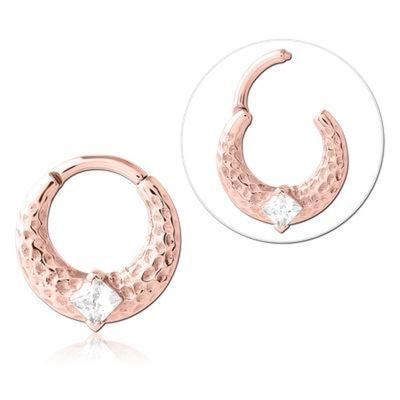 Hammered CZ Rose Gold Hinged Ring 16g – 5/16″ diameter (8mm) Clear Rose Gold Stainless