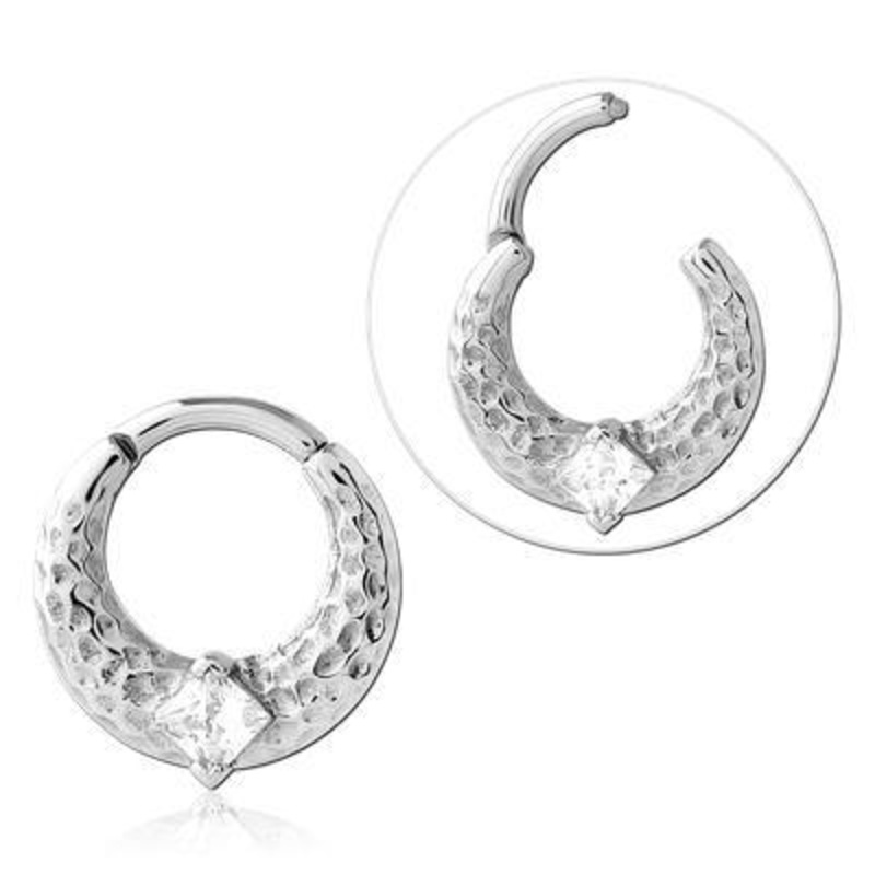 Hammered CZ Stainless Hinged Ring 16g – 5/16″ diameter (8mm) Clear Stainless Steel