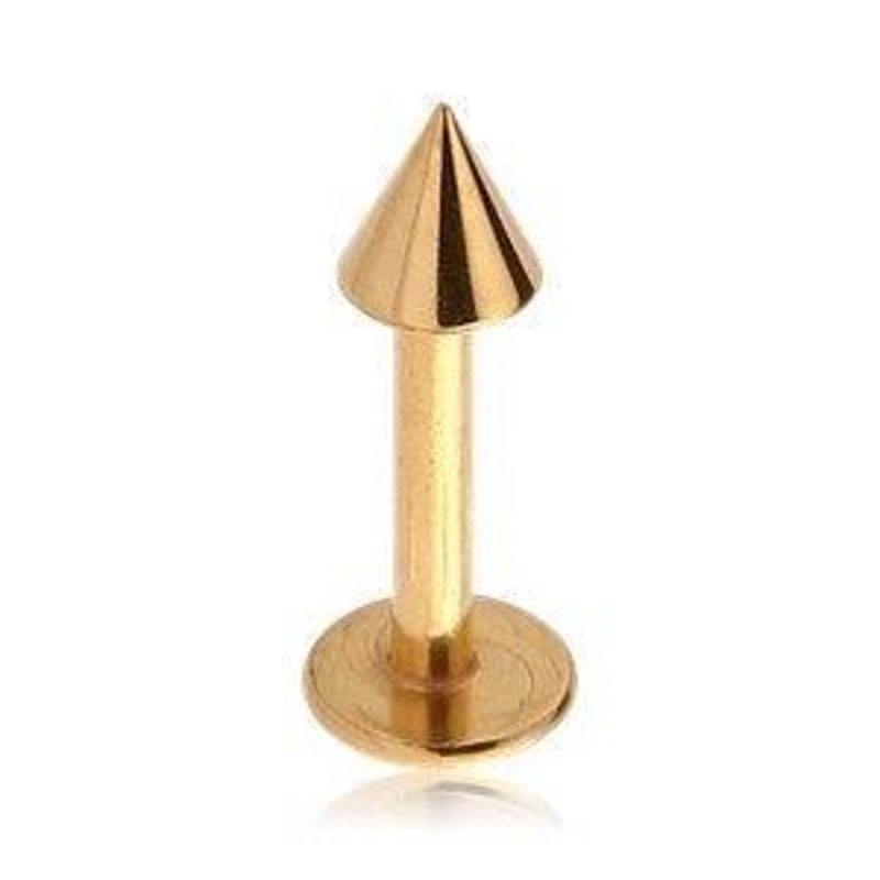 14g Spiked Gold Labret 14g – 3/8″ long (10mm) – 4x4mm cone Gold Stainless