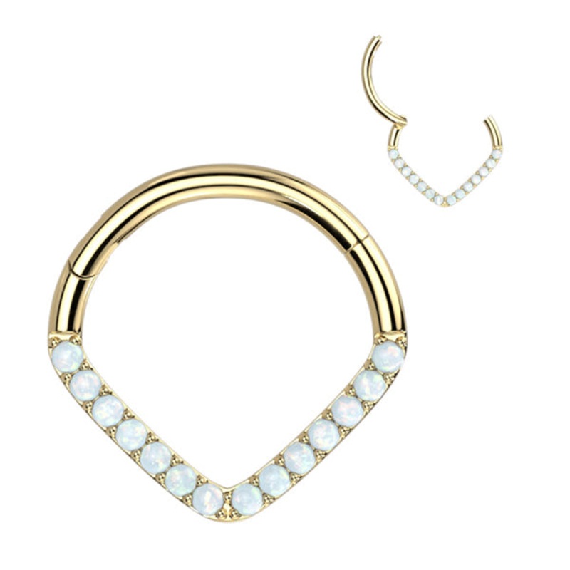 16g Opal V-Shaped 14k Gold Hinged Ring 16g – 3/8″ diameter (10mm) White Yellow 14k Gold