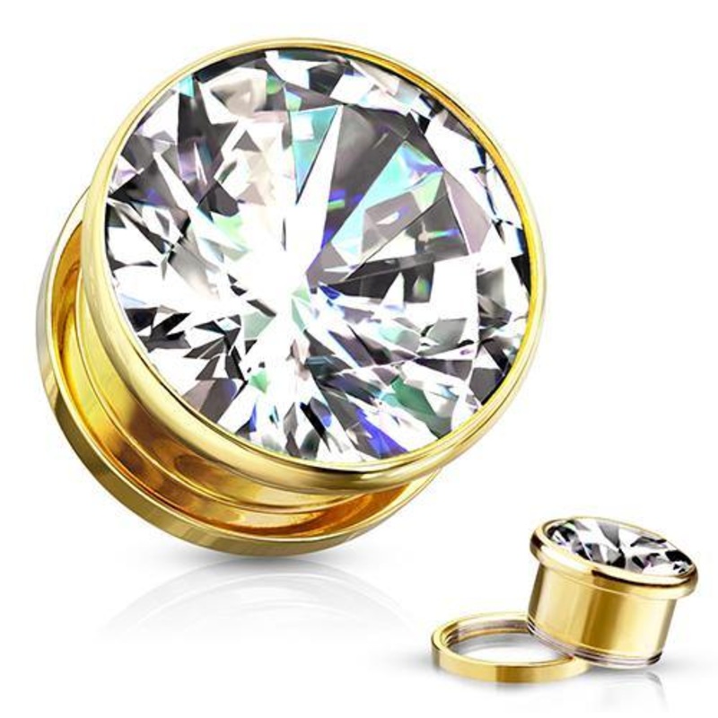 Bezel CZ Gold Screw-On Plugs 8 gauge (3mm) Clear Pair