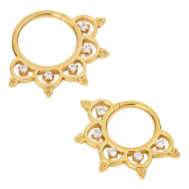 Heart Filigree Gold Titanium Hinged Ring 16g – 5/16″ diameter (8mm) Clear Gold Titanium