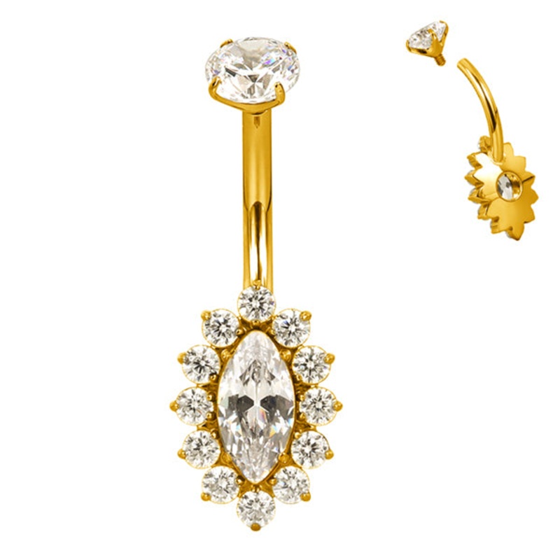 Marquise CZ Flower Gold Titanium Belly Barbell 14g – 3/8″ long (10mm) Clear Gold Titanium