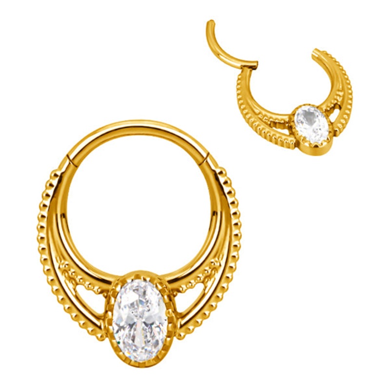 Oval CZ Gold Titanium Hinged Ring 16g – 5/16″ diameter (8mm) Clear Gold Titanium