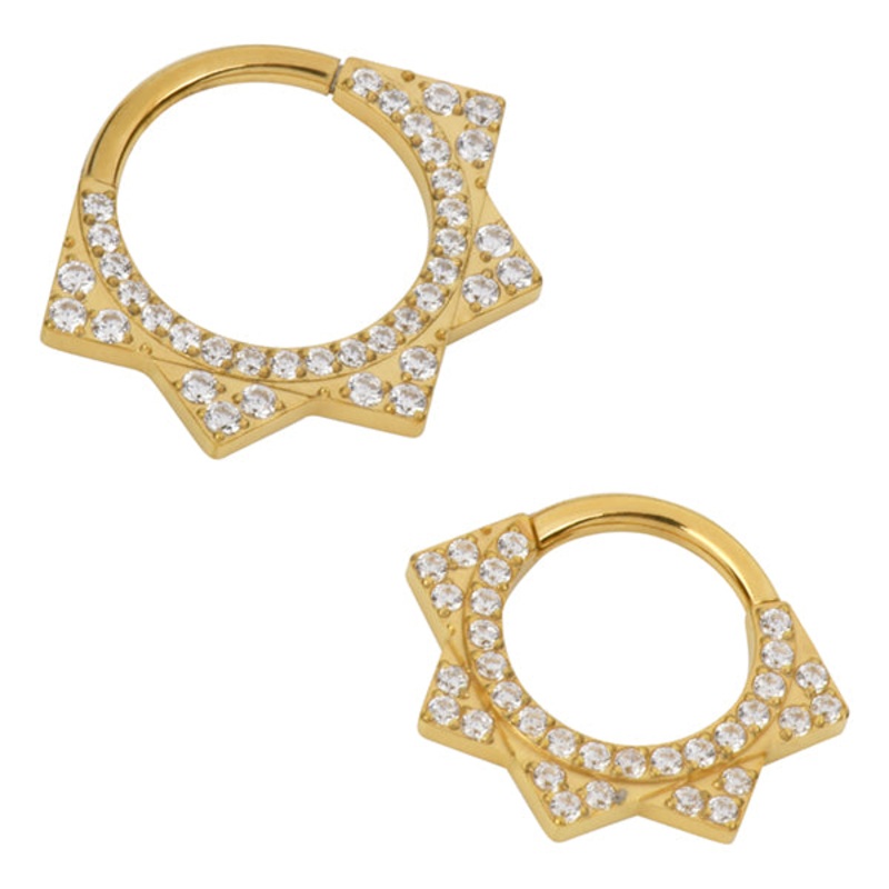 Paved Octagram Gold Titanium Hinged Ring 16g – 5/16″ diameter (8mm) Clear Gold Titanium