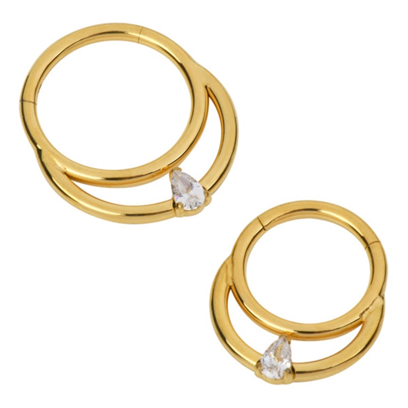 Teardrop CZ Double Gold Titanium Hinged Ring 16g – 5/16″ diameter (8mm) Clear Gold Titanium