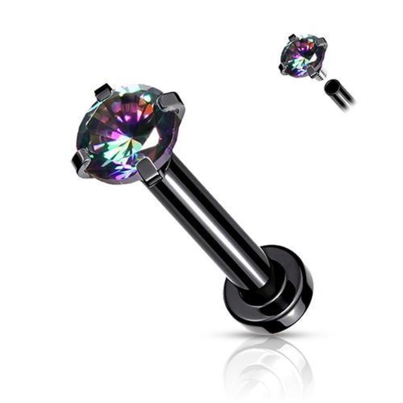 16g CZ Prong Black Micro-Disc Labret 16g – 5/16″ long (8mm) – 2mm cz Aurora Borealis Black Stainless