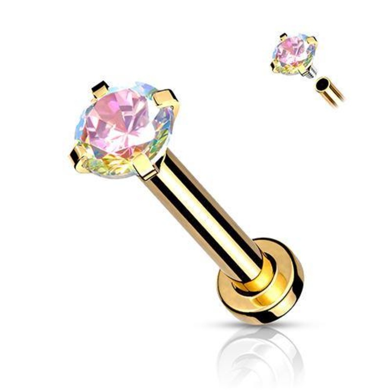 16g CZ Prong Gold Micro-Disc Labret 16g – 5/16″ long (8mm) – 2mm cz Aurora Borealis Gold Stainless
