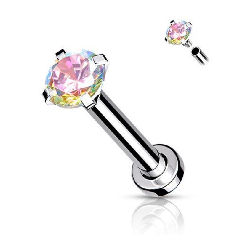 16g CZ Prong Stainless Micro-Disc Labret 16g – 5/16″ long (8mm) – 2mm cz Aqua Stainless Steel