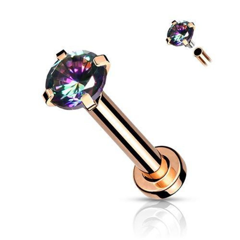 16g Prong CZ Rose Gold Micro-Disc Labret 16g – 5/16″ long (8mm) – 2mm cz Aurora Borealis Rose Gold Stainless