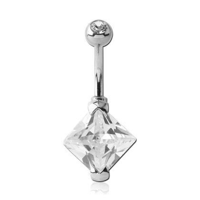 Big Diamond CZ Prong Belly Ring 14g – 3/8″ long (10mm) Clear Stainless Steel