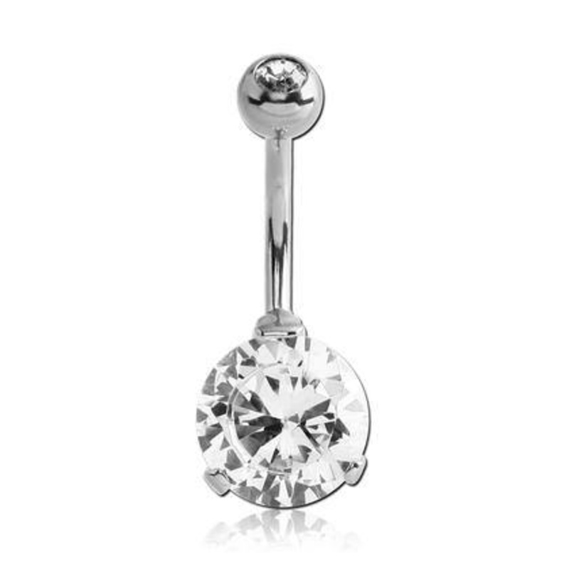 Big Round CZ Prong Belly Ring 14g – 3/8″ long (10mm) Clear Stainless Steel