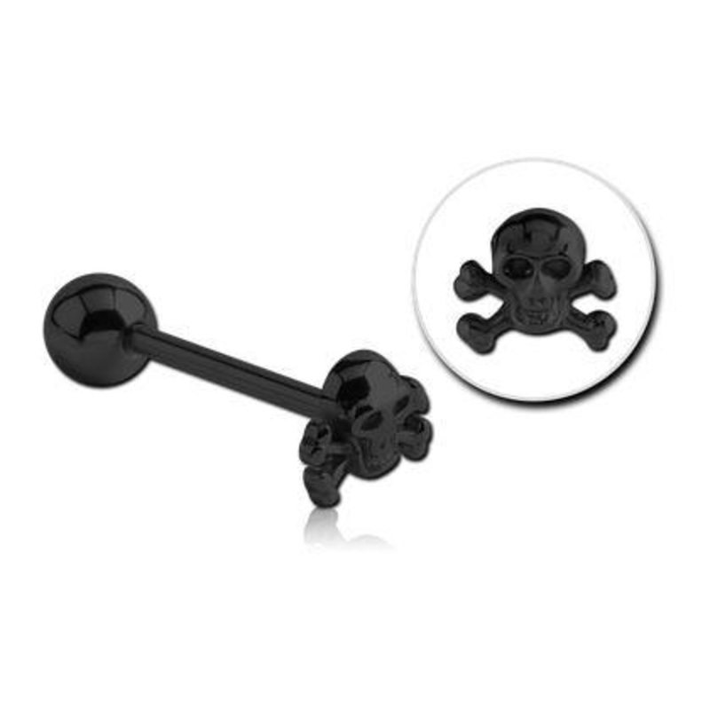Skull & Crossbones Black Tongue Barbell 14g – 5/8″ long (16mm) Black Stainless