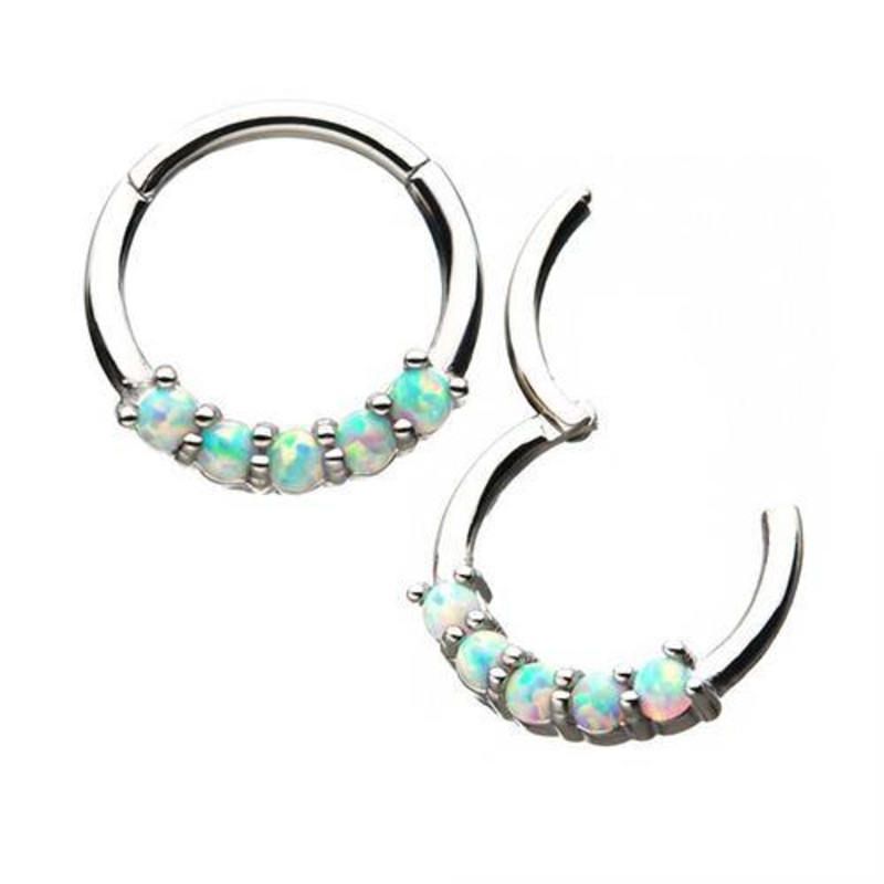 Stainless 5-Opal Hinged Segment Ring 16g – 3/8″ diameter (10mm) White Stainless Steel