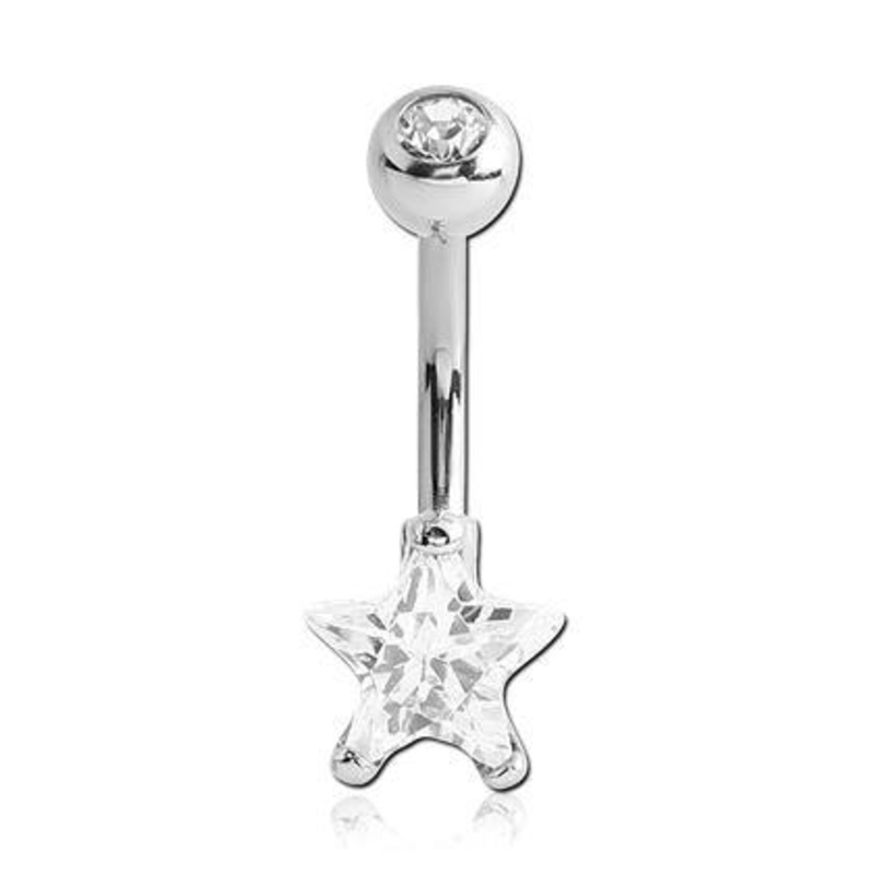 Star CZ Prong Belly Ring 14g – 3/8″ long (10mm) Clear Stainless Steel