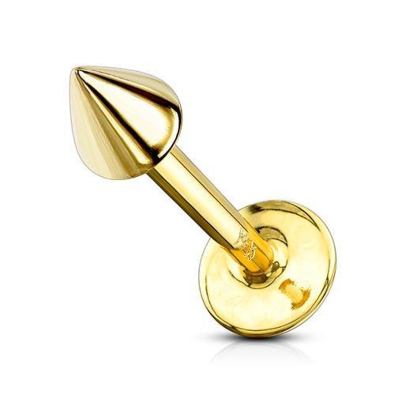 14g Spiked Yellow 14k Gold Labret 14g – 5/16″ long (8mm) – 3x3mm cone Yellow 14k Gold