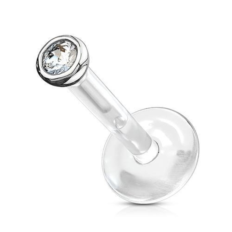 16g White 14k Gold Microgem Bioflex Labret 16g – 5/16″ long (8mm) Clear White 14k Gold