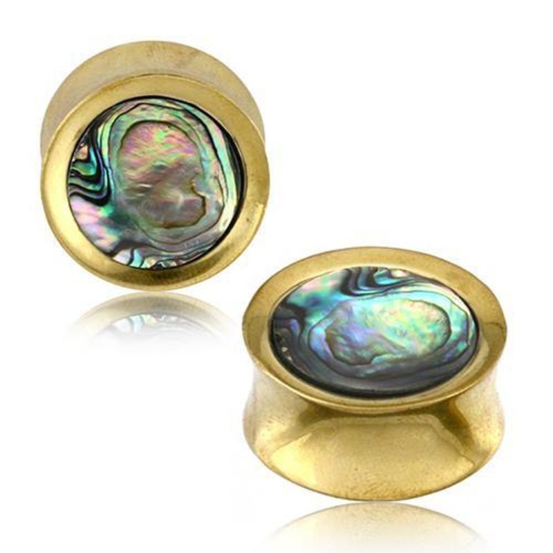 Abalone & Brass Plugs 1/2 inch (12mm) Yellow Brass Pair
