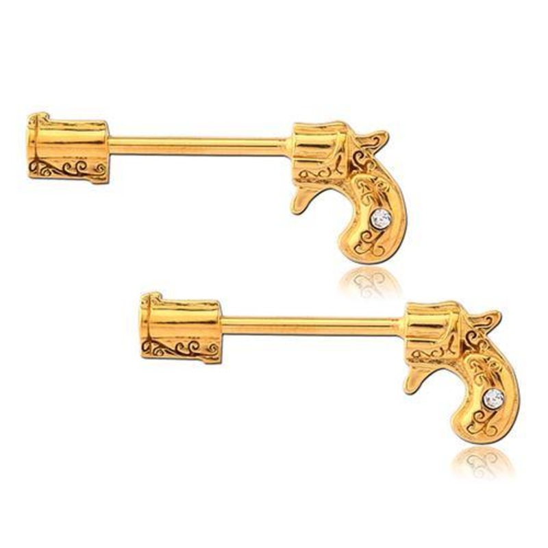 Pistol Gold Nipple Barbells 14g – 9/16″ long (14mm) Clear Gold Stainless