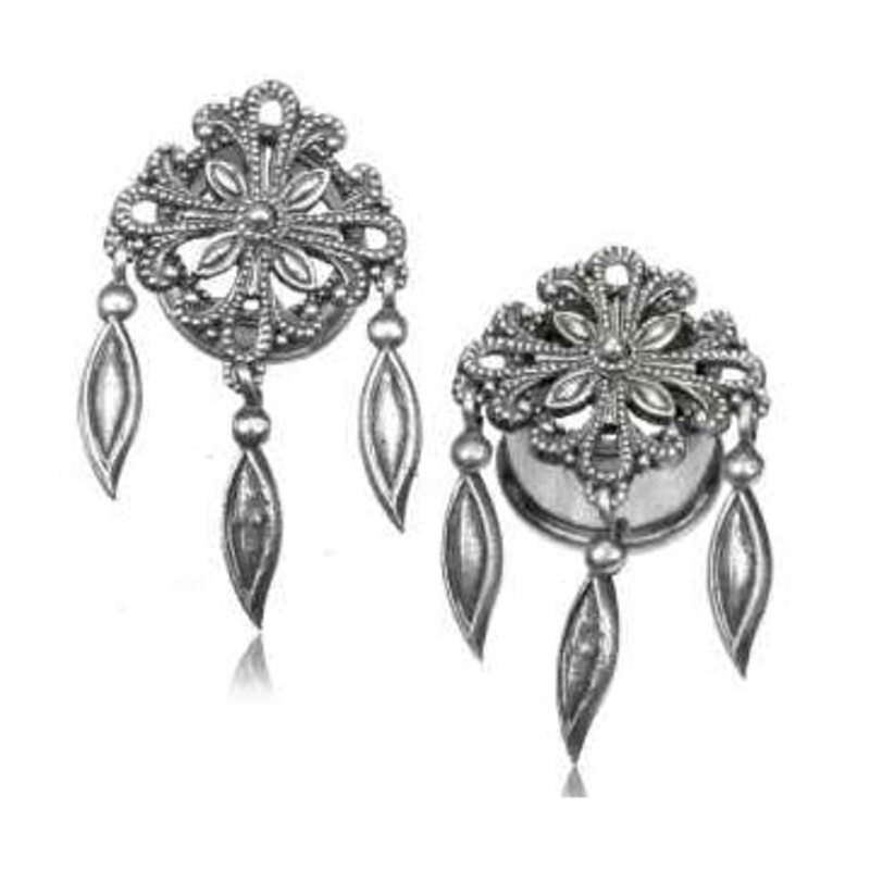 White Brass Plugs w/ Mandala Feather Dangles 1/2 inch (12mm) Stainless Steel Pair