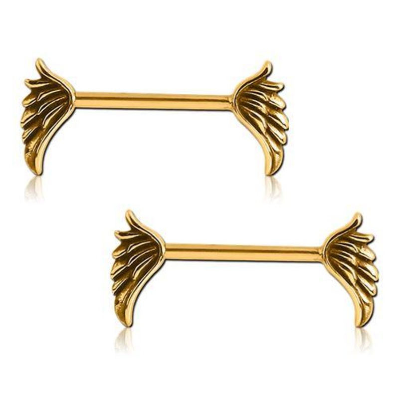 Wing Gold Nipple Barbells 14g – 15/32″ long (12mm) Gold Stainless
