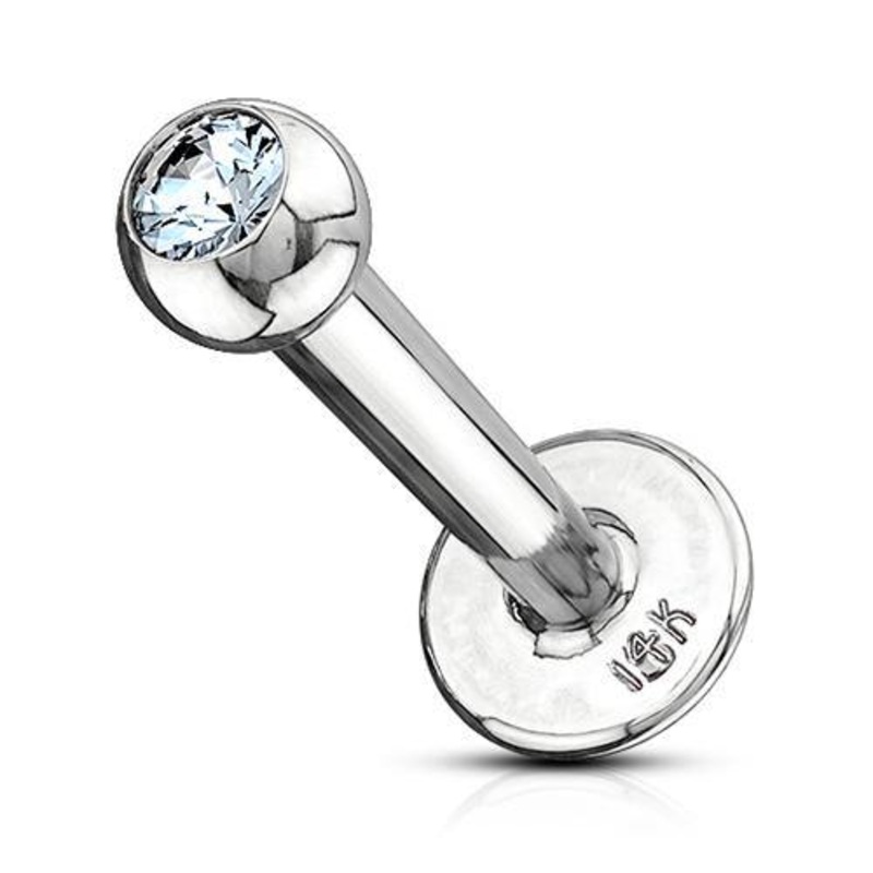 14g CZ White 14k Gold Labret 14g – 5/16″ long (8mm) – 3mm ball Clear White 14k Gold