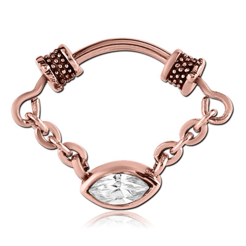 16g CZ Eye Chain Rose Gold Septum Barbell 16g – 5/16″ long (8mm) Clear Rose Gold Stainless