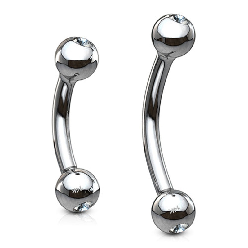 16g White 14k Gold CZ Curved Barbell 16g – 5/16″ long (8mm) – 3mm balls Clear White 14k Gold
