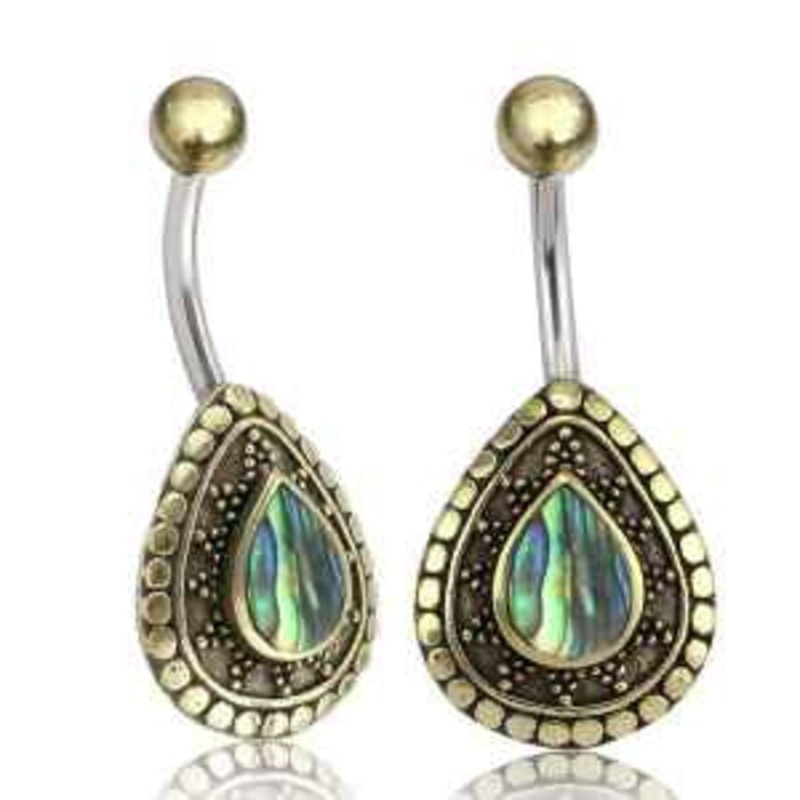 Abalone & Dotted Brass Belly Ring 14g – 3/8″ long (10mm) Abalone Stainless Steel