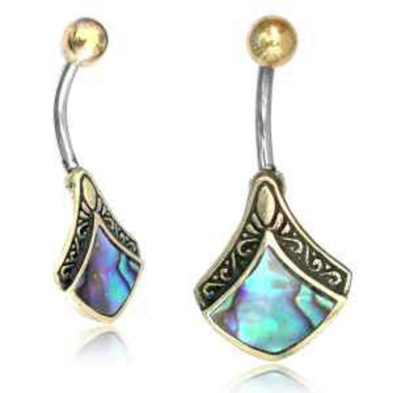 Abalone Wedge & Brass Belly Ring 14g – 3/8″ long (10mm) Abalone Stainless Steel