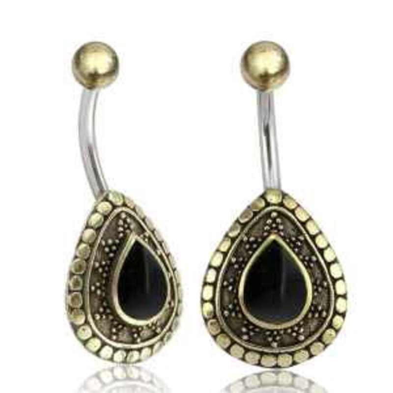 Black Onyx & Dotted Brass Belly Barbell 14g – 3/8″ long (10mm) Black Onyx Stainless Steel