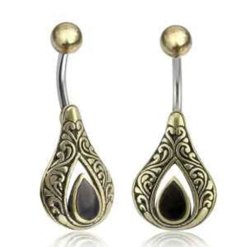 Black Onyx Teardrop & Brass Belly Barbell 14g – 3/8″ long (10mm) Black Onyx Stainless Steel