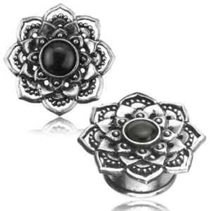 Black Onyx & White Brass Lotus Plugs 1/2 inch (12mm) White Brass Pair
