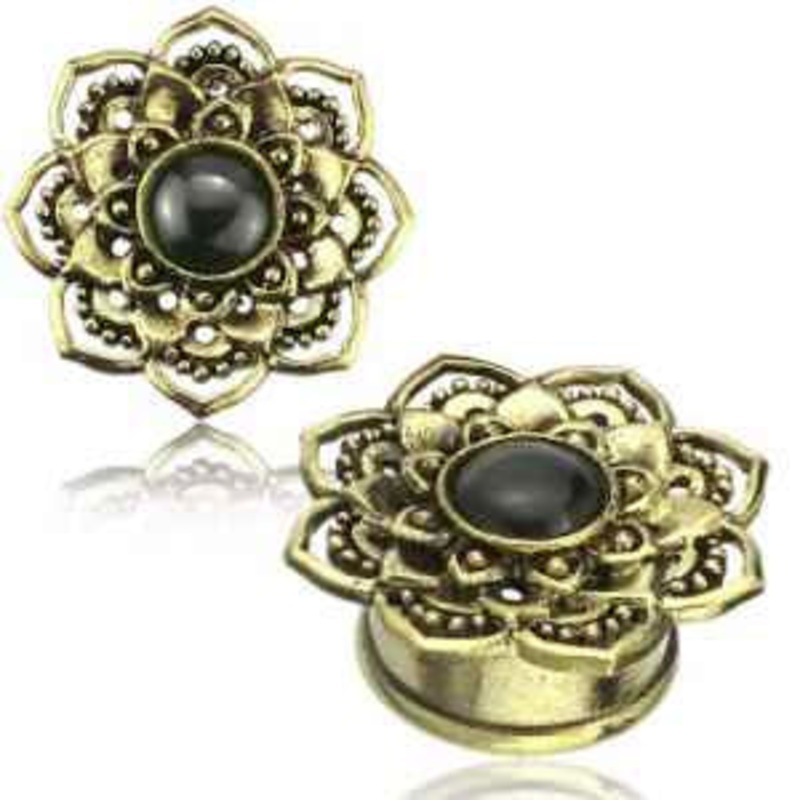 Black Onyx & Yellow Brass Lotus Plugs 0 gauge (8mm) Yellow Brass Pair