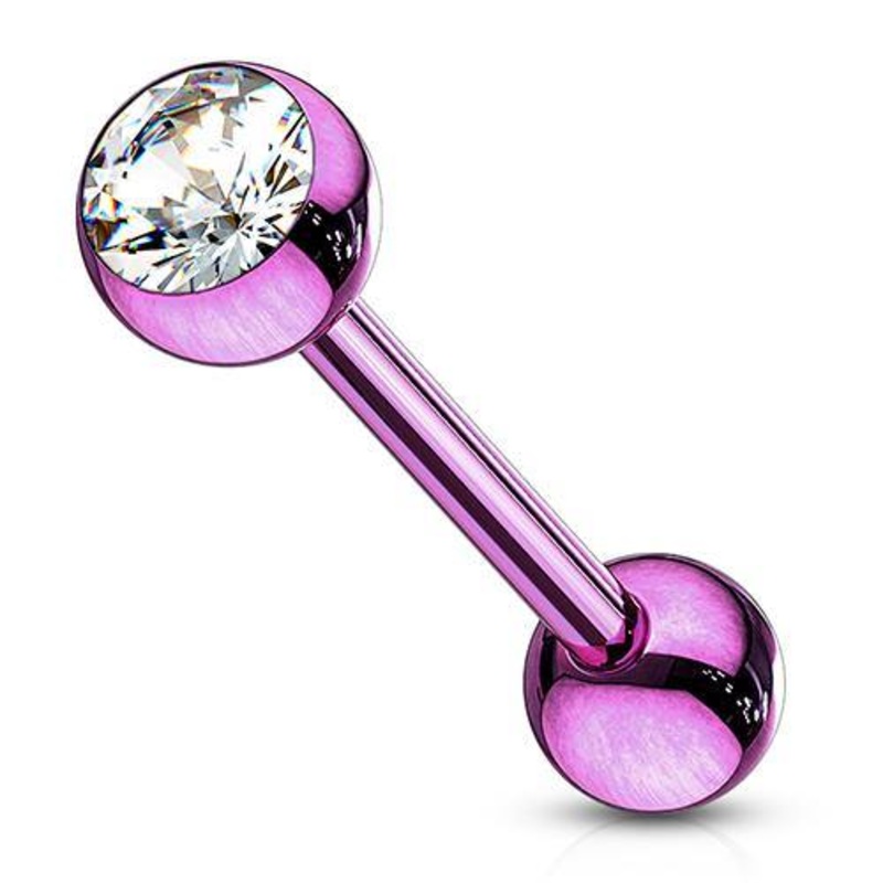 CZ PVD Coated Tongue Barbell 14g – 5/8″ long (16mm) Clear Purple Stainless