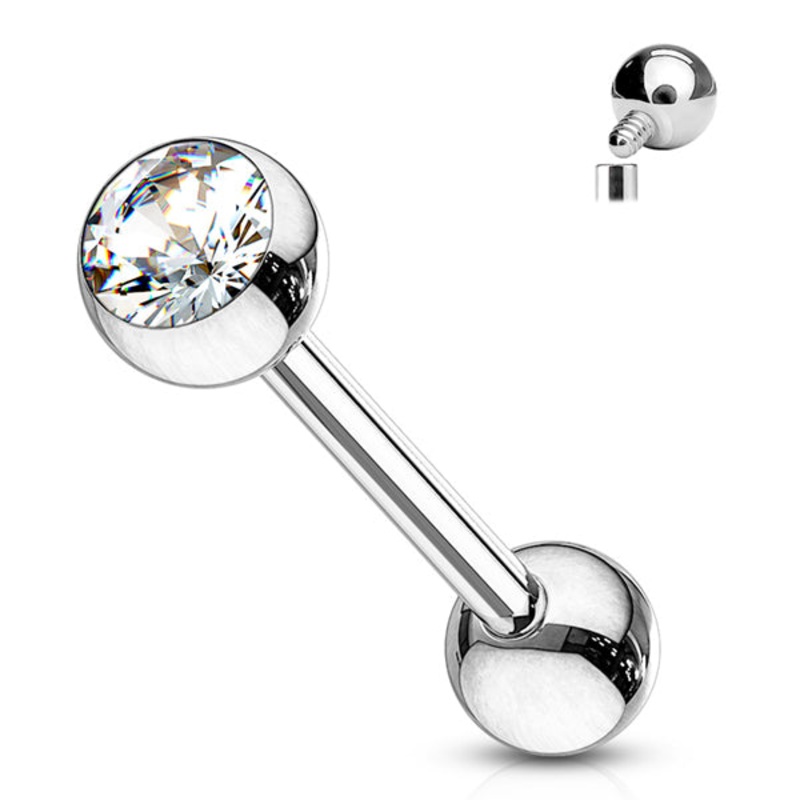 CZ Titanium Tongue Barbell (internal) 14g – 1/2″ long (12mm) – 4mm balls Clear CZ