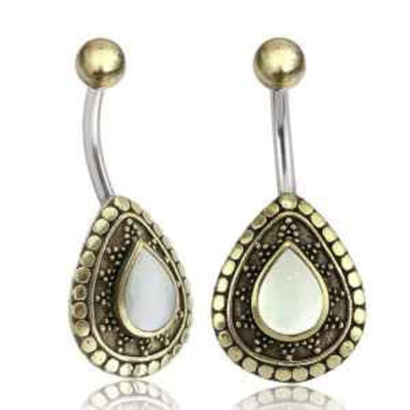 Mother of Pearl & Dotted Brass Belly Ring 14g – 3/8″ long (10mm) Mother of Pearl Stainless Steel