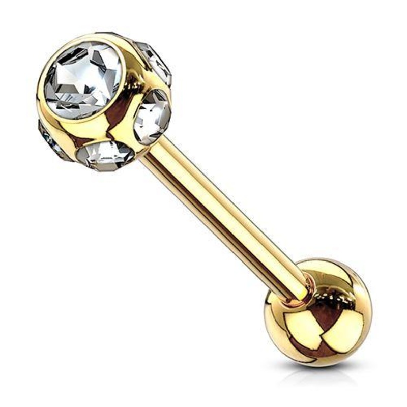 Multi-CZ Gold Tongue Barbell 14g – 5/8″ long (16mm) Clear Gold Stainless