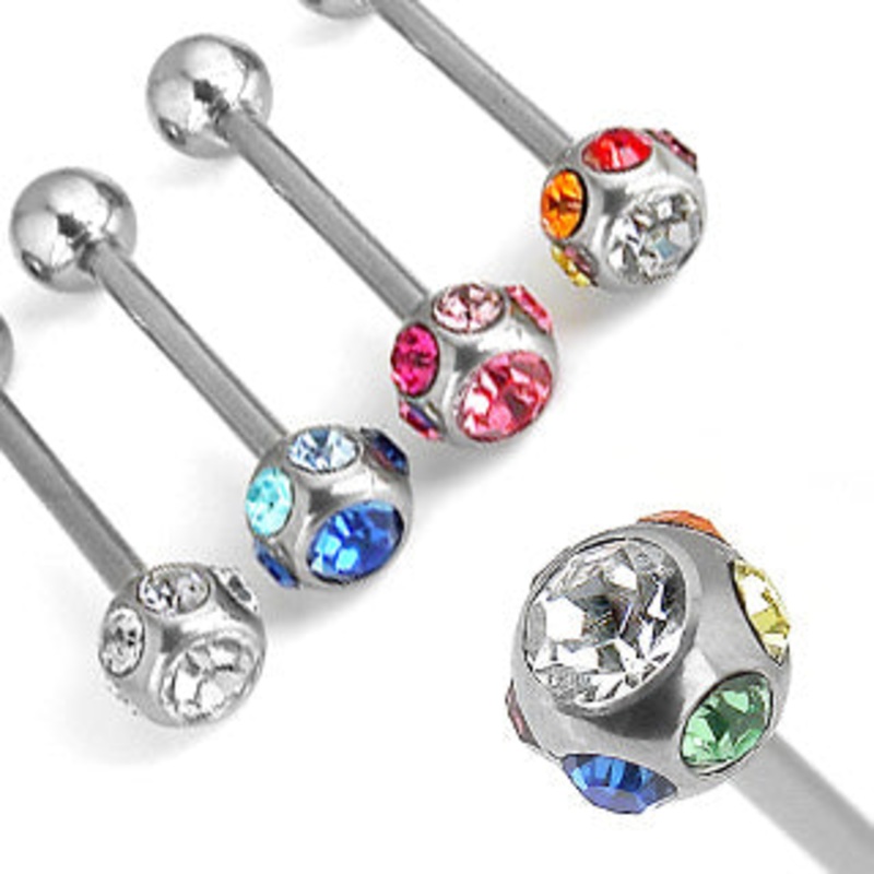Multi-CZ Stainless Tongue Barbell 14g – 5/8″ long (16mm) Blue Stainless Steel