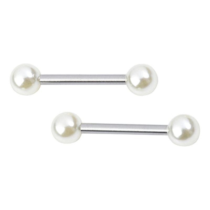 Pearl Nipple Barbells 14g – 15/32″ long (12mm) – 4mm balls Cream Stainless Steel