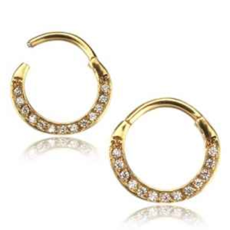 Side CZ Hinged Segment Ring 16g – 5/16″ diameter (8mm) Clear Gold Stainless