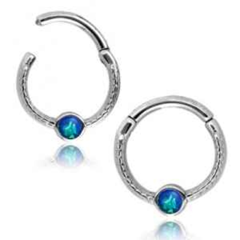 Side Opal Stainless Hinged Segment Ring 16g – 5/16″ diameter (8mm) Blue Opal Stainless Steel
