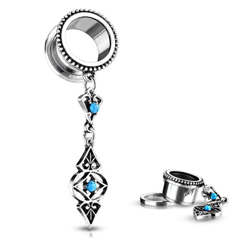 Turquoise Dangle Screw-On Tunnels 2 gauge (6mm) Stainless Steel Pair