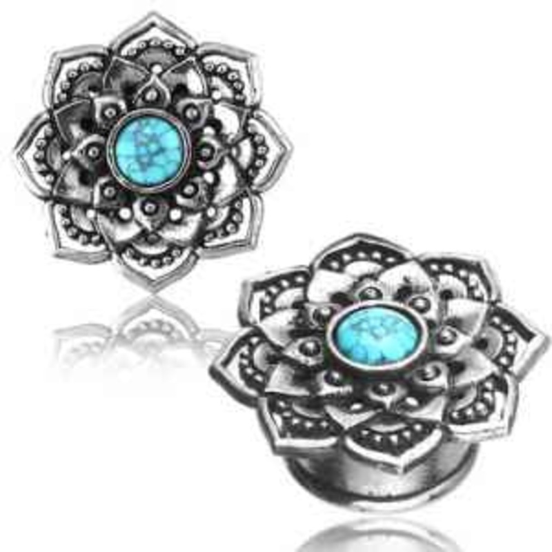 Turquoise & White Brass Lotus Plugs 0 gauge (8mm) White Brass Pair